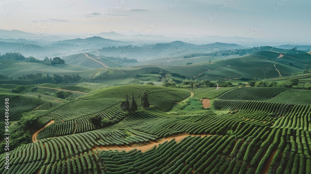 Poster Vast, lush green tea plantations stretch out towards the horizon, kissed by the morning fog, creating a mesmerizing, serene landscape.