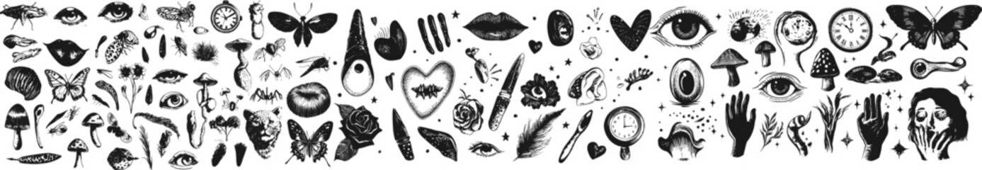 A collection of black and white illustrations featuring various symbolic and abstract elements like eyes, butterflies, mushrooms, hands, and clocks. These hand-drawn designs create a mystical