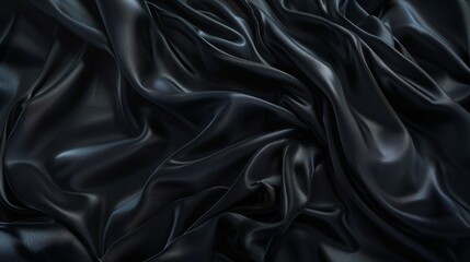 Fototapeta premium Elegant folds of rich, black satin fabric create waves of texture and luxury, showcasing the material's smooth and silky finish.