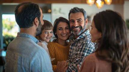 A family warmly welcoming a new member or partner into their home, with smiles and open arms, showcasing acceptance and inclusion