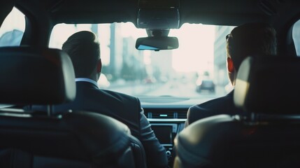 Fototapeta premium Two individuals in business attire, driving through a city, as seen from the backseat of a car, capturing an urban professional vibe.