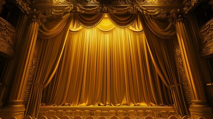 Elegantly designed theater stage bathed in golden light, awaiting the opening act to set the stage for a night of entertainment and art.