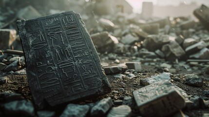 An ancient stone tablet etched with mysterious symbols lies half-buried in rubble, hinting at an undiscovered past and archaeological intrigue.
