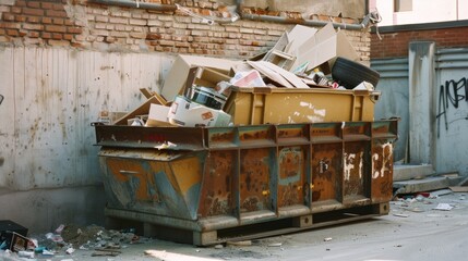 Obraz premium An industrial dumpster overflowing with assorted junk and debris, set against a worn brick wall in an urban alley.