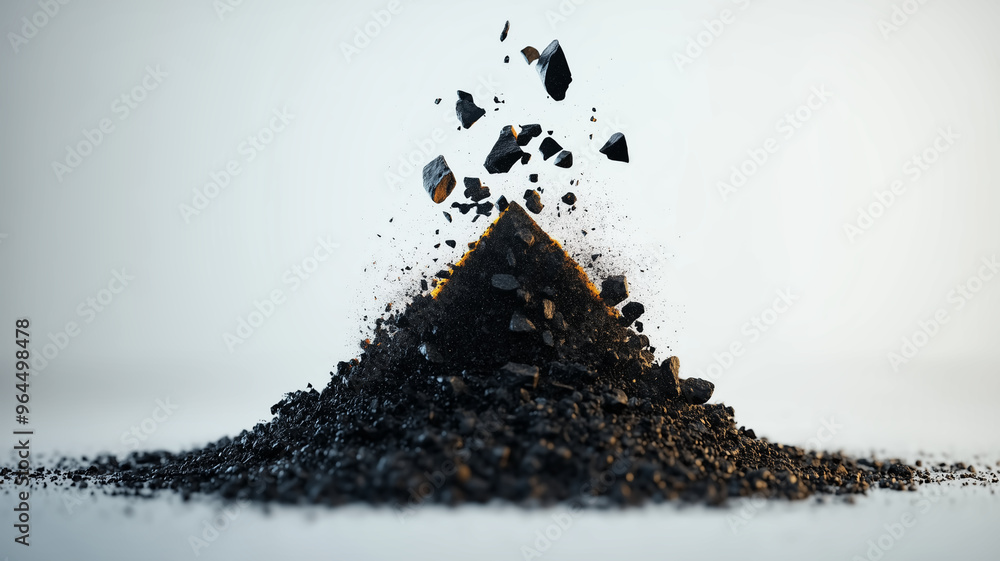 Poster abstract image of a pyramid emerging from crumbling black rocks against a light background