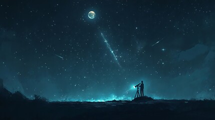 A solitary figure stands, gazing into the depths of the cosmos through an astronomer's telescope. The night sky illuminates with celestial wonders, from twinkling stars