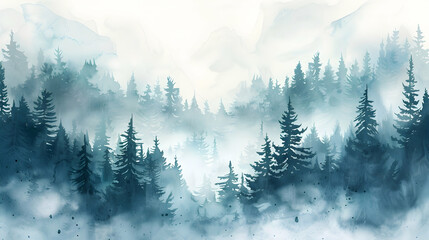 Watercolor foggy forest landscape illustration. Wild nature in wintertime.