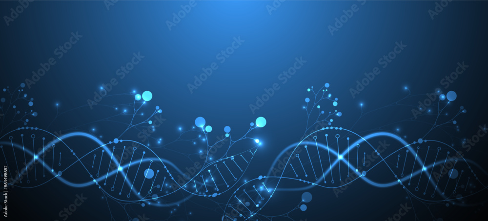 Poster Scientific medical background with abstract image of dna molecule and tree branches. Neon glow effects and gradient. Hand drawn vector illustration.