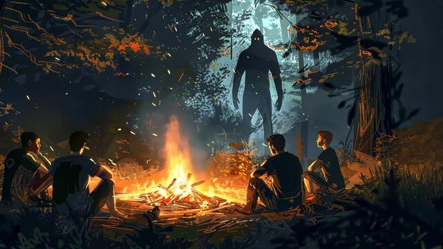 Young men sitting around the campfire with a bigfoot monster watching from the deep dark woods. Scary sasquatch story