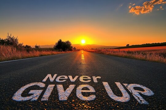 A sunset over a road with the words Never Give Up painted on it