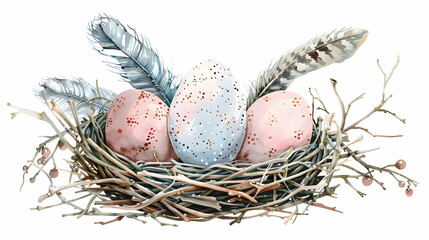 Obraz premium Watercolor happt easter nest with bird eggs with branch and feather isolated on white. Spring hand drawn illustration. Boho egg ans feather nests wreath. Holiday decoration