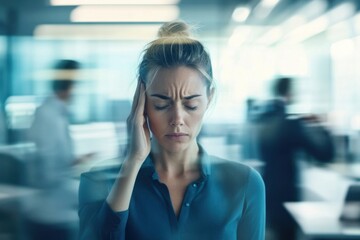 Fototapeta premium A woman with her eyes closed is experiencing a headache in a busy office