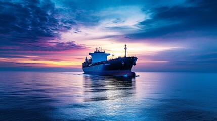 Obraz premium A vast blue merchant cargo ship sails through the serene ocean, its colossal silhouette dominating the horizon. The vessel serves as a vital link in global trade, facilitating the export