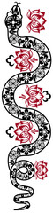 Asian style, paper cut style, geometric vector illustration of a snake decorated with lotus flower. Year of the snake. Chinese zodiac