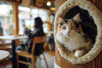 A long-haired tortoiseshell cat lying in a cat bed with a cozy cafe in the background. 