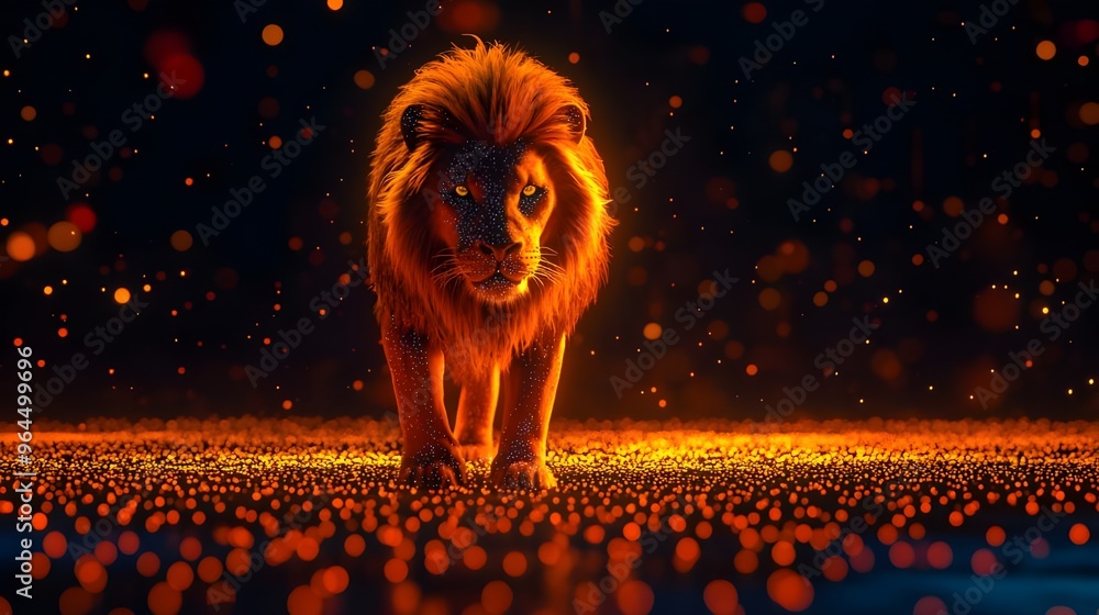 Poster glowing lion walking against dark with dotted light pattern background image