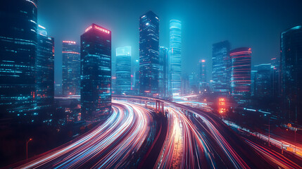 Obraz premium 夜晚繁华都市中车流与建筑光影交错