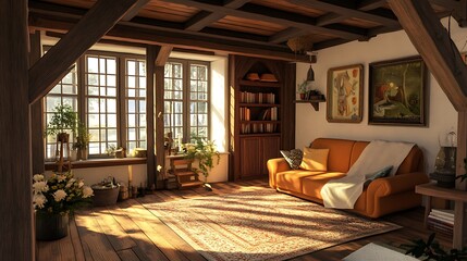 Cozy Living Room with Sunlight Streaming Through Windows