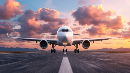 Obraz premium Airplane ready for takeoff on runway at sunset with a beautiful sky and mountains in the background, evoking a sense of travel and adventure.