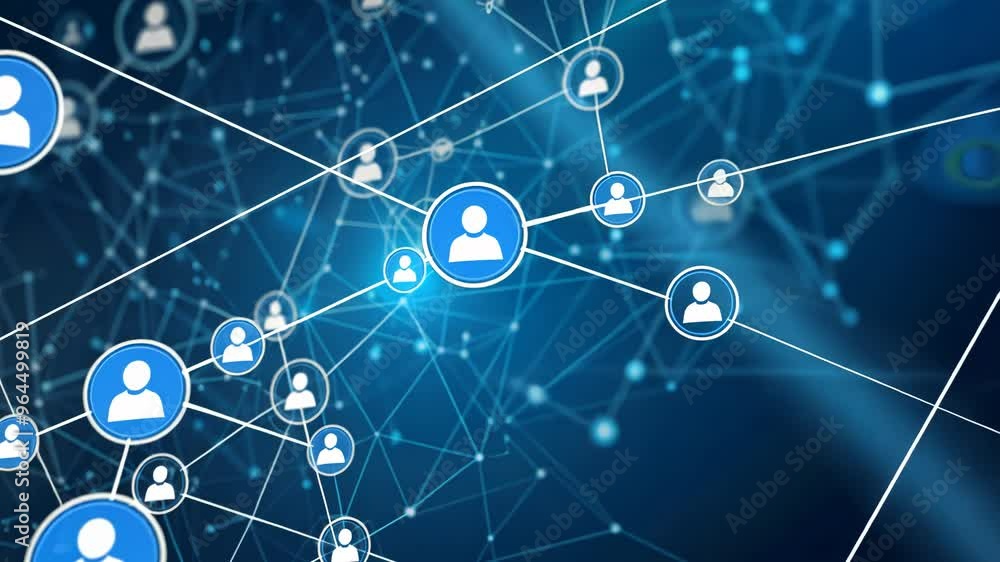Poster abstract blue background with icons of people in circles and lines, representing a network connectio