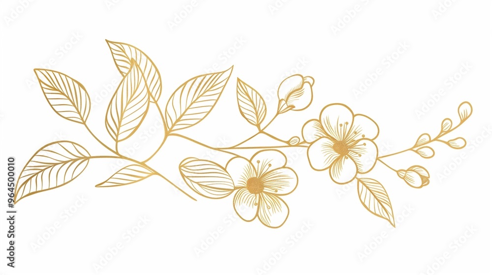 Wall mural Golden line art of flowers on white background,wedding invitation cards or greeting cards design.