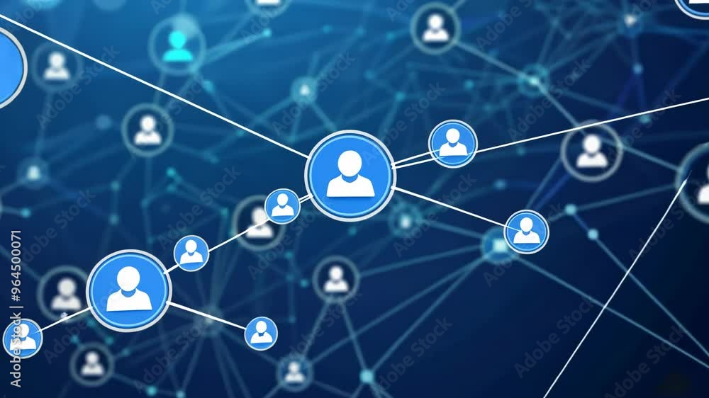 Poster abstract blue background with icons of people in circles and lines, representing a network connectio