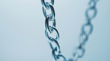 Obraz premium A close-up of a metallic chain against a soft blue background, highlighting its gleaming links and intricate texture in a minimalist composition.