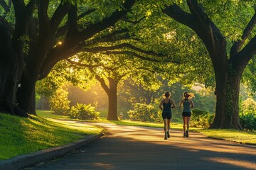 Fototapeta premium Two women jogging under trees at sunrise