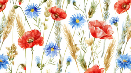 Watercolor wildflowers seamless pattern with poppy, cornflower chamomile, rye and wheat spikelets background