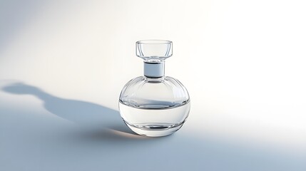 Elegant Glass Bottle: A minimalist glass perfume bottle with a sleek design, centered on a pure white background, casting a soft shadow.
