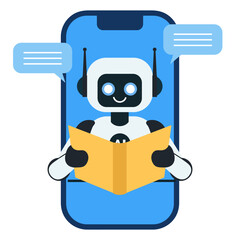 Robot reading a book on the phone illustration isolated on transparent background. Innovation and science concept. Machine Learning and Artificial Intelligence Concept. Chatbot. Vector illustration