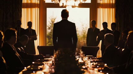 A silhouette of a man commands attention at a formal meeting, standing by a large window, with light streaming in, creating a powerful and authoritative atmosphere.