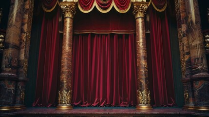 Fototapeta premium A grand theatre stage with luxurious red velvet curtains and ornate golden pillars, awaiting the start of a performance.