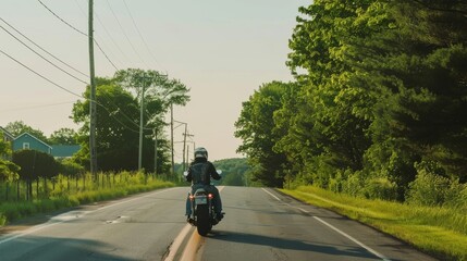 Obraz premium A motorcyclist riding down a tree-lined road under bright morning light, capturing the essence of freedom and adventure on a serene, sunny day.