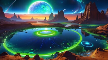 Illustration of a vibrant alien landscape with glowing lakes at sunset