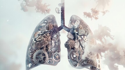 Surreal depiction of human lungs intricately merged with mechanical gears and cogs, set against a cloudy backdrop.