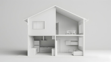 White simple empty 3d house in cross section, on light gray background. Real estate concept or symbol. 3d illustration