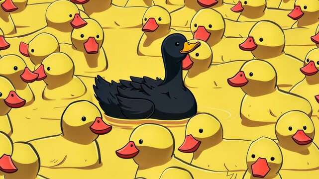 Black bath duck among yellow, different unique special leader identity, crowd leadership cartoon style