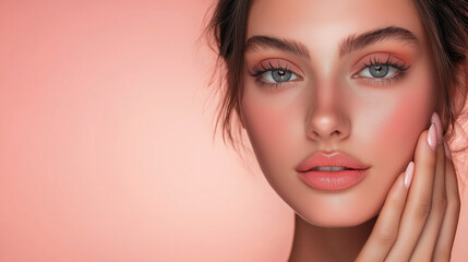 Fototapeta premium Skincare ، Woman with beautiful face touching healthy facial skin