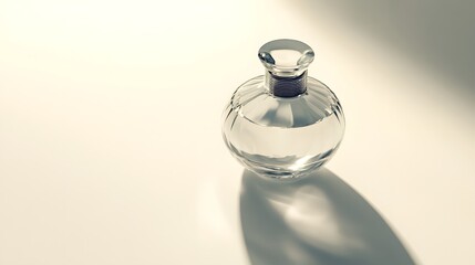 Elegant Glass Bottle: A minimalist glass perfume bottle with a sleek design, centered on a pure white background, casting a soft shadow.
