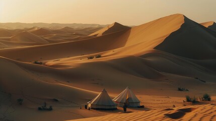Fototapeta premium Tents nestled in a desert landscape with rolling dunes stretching into the horizon under soft, fading light.