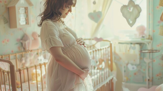A serene, expecting mother in a softly lit nursery gently cradles her belly, surrounded by pastel baby decor.