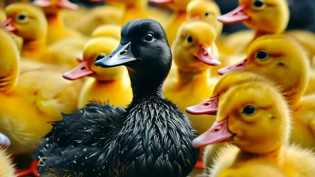 Black duck among yellow, different unique special leader identity, crowd leadership