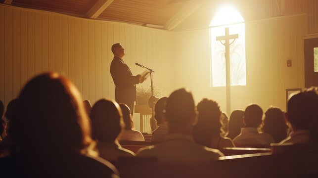 A preacher addresses a congregation in a sunlit church, evoking a sense of community, faith, and spirituality.