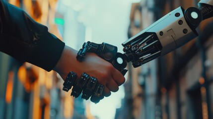 A human hand shakes with a robotic hand amidst a blurred urban background, symbolizing the union of technology and humanity.