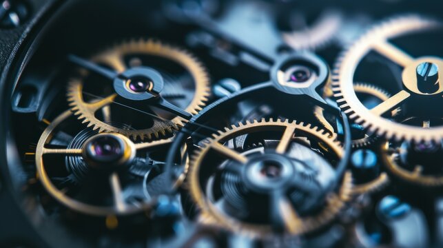 Intricate gears and cogs of a timepiece interlock in a mesmerizing dance of precision and functionality.