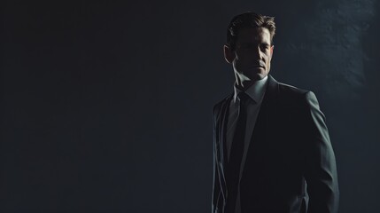 A man dressed in a suit stands confidently in a dark, dramatic lighting, casting strong shadows that highlight his serious expression.