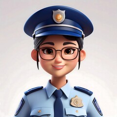 3D Render Female Police Officer in White Uniform with Glasses, Clean and Simple Design on Solid White Background