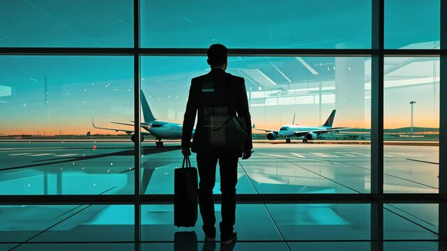 Businessman at the airport on the background of the runway