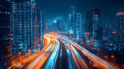 Fototapeta premium 夜晚繁华都市中车流与建筑光影交错